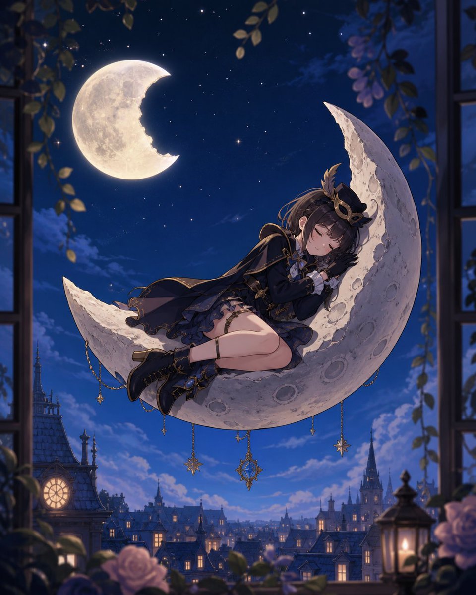Dreamy Anime Girl Sleeping on Moon