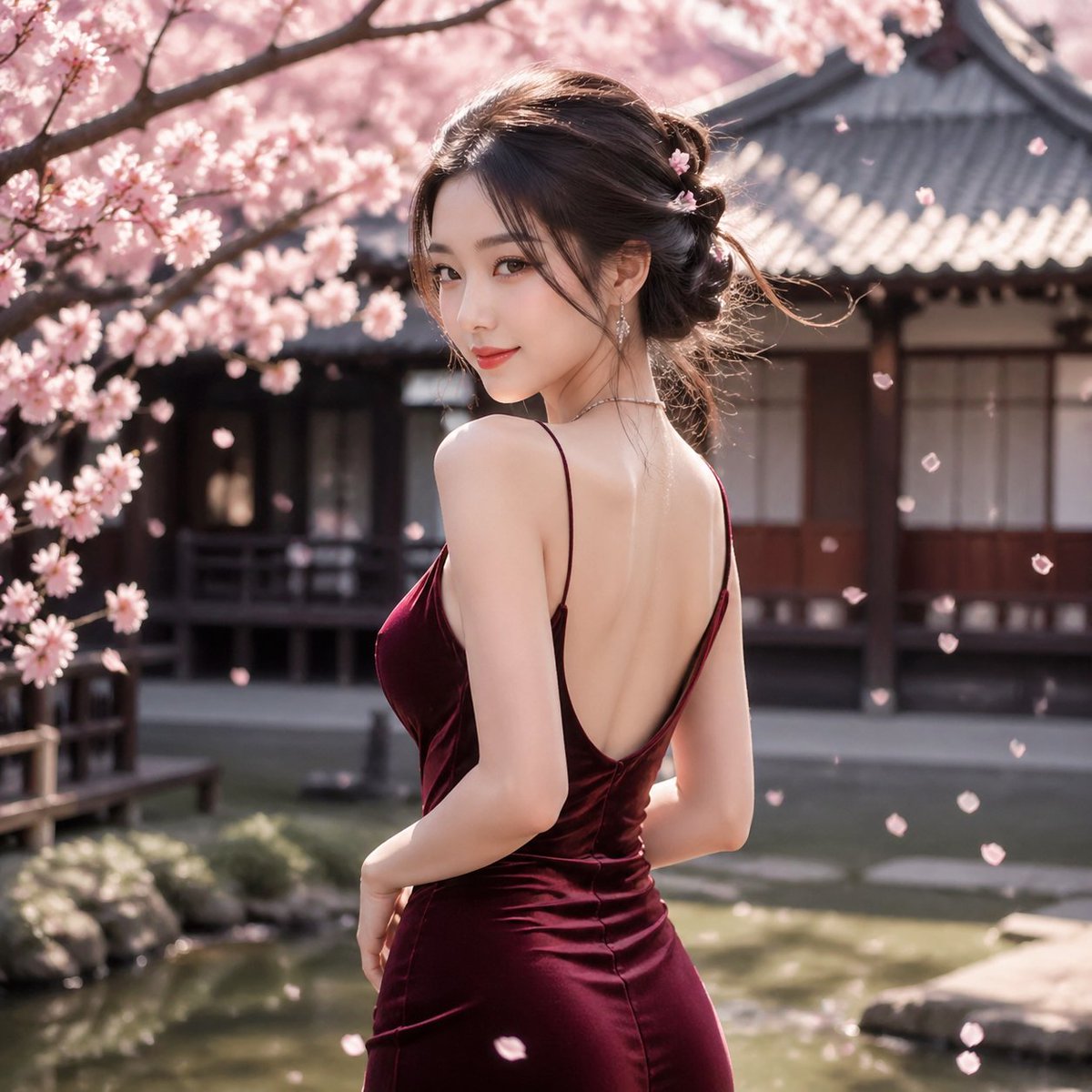 Elegant Red Dress in Sakura Garden