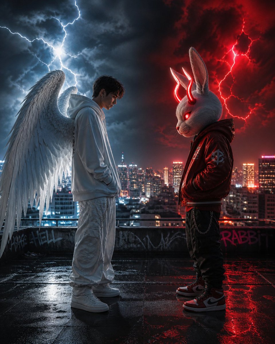 Cyberpunk Rooftop Angel Demon Showdown