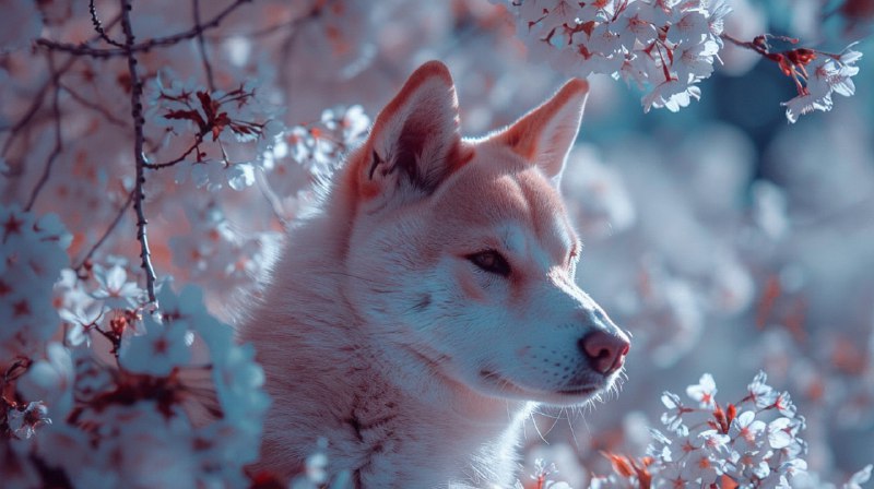 Infrared White Shiba Inu With Cherry Blossoms Dystopia