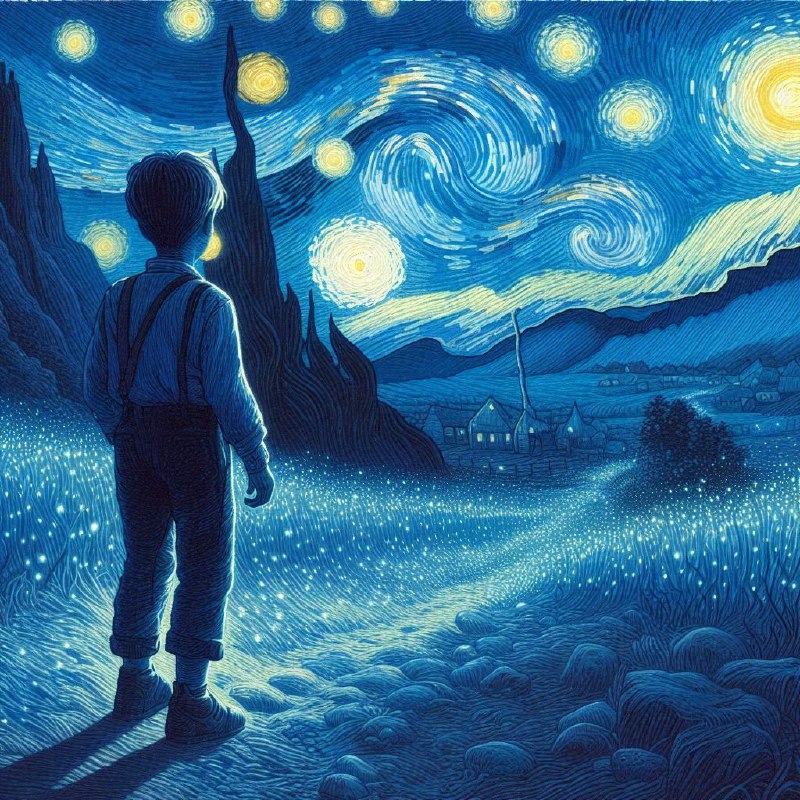Boy in Wilderness With Blue Dots Van Gogh Pointillism