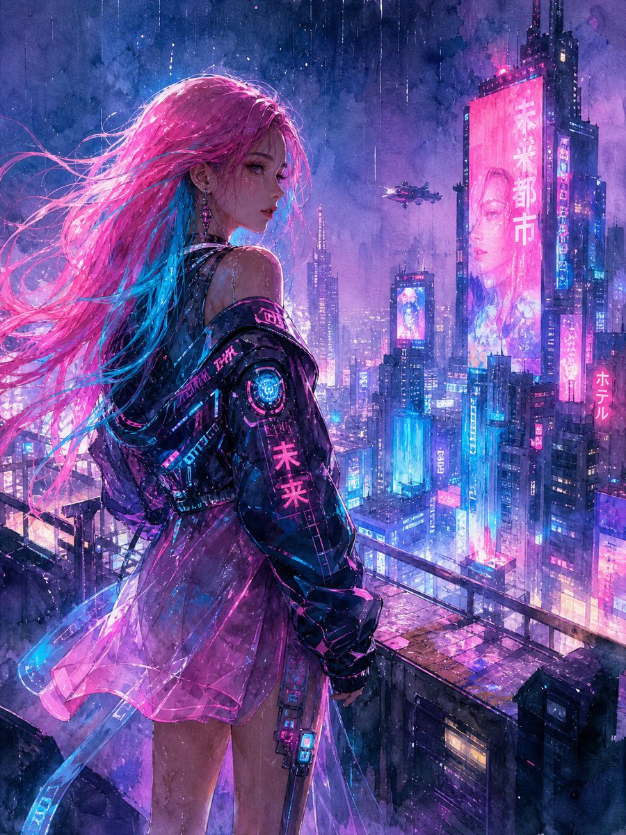 Cyberpunk Watercolor Girl in Rain
