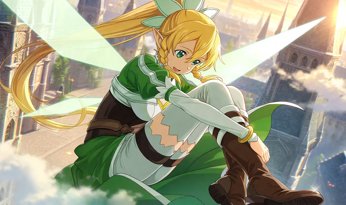Elf Warrior Maiden Soaring Above Fantasy City