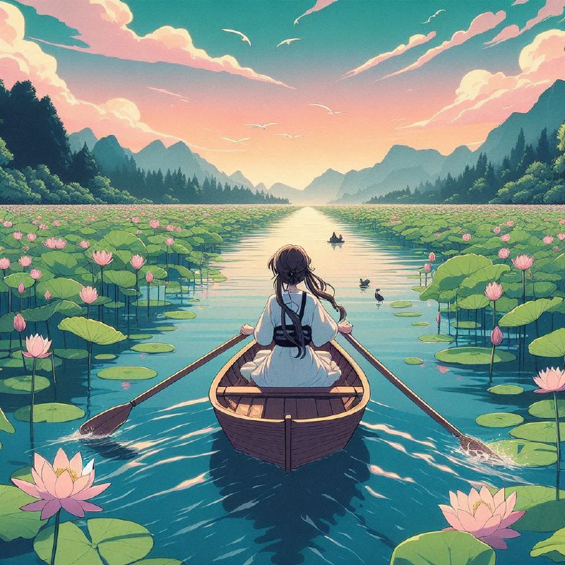 Anime Girl Rowing Among Lotus Flowers on Green Lake