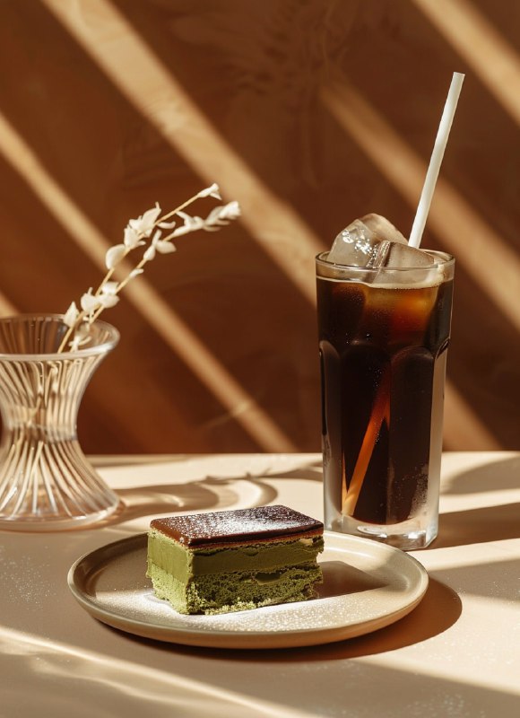 Black Ice Coffee and Green Tea Cake Minimalist Ad Photo