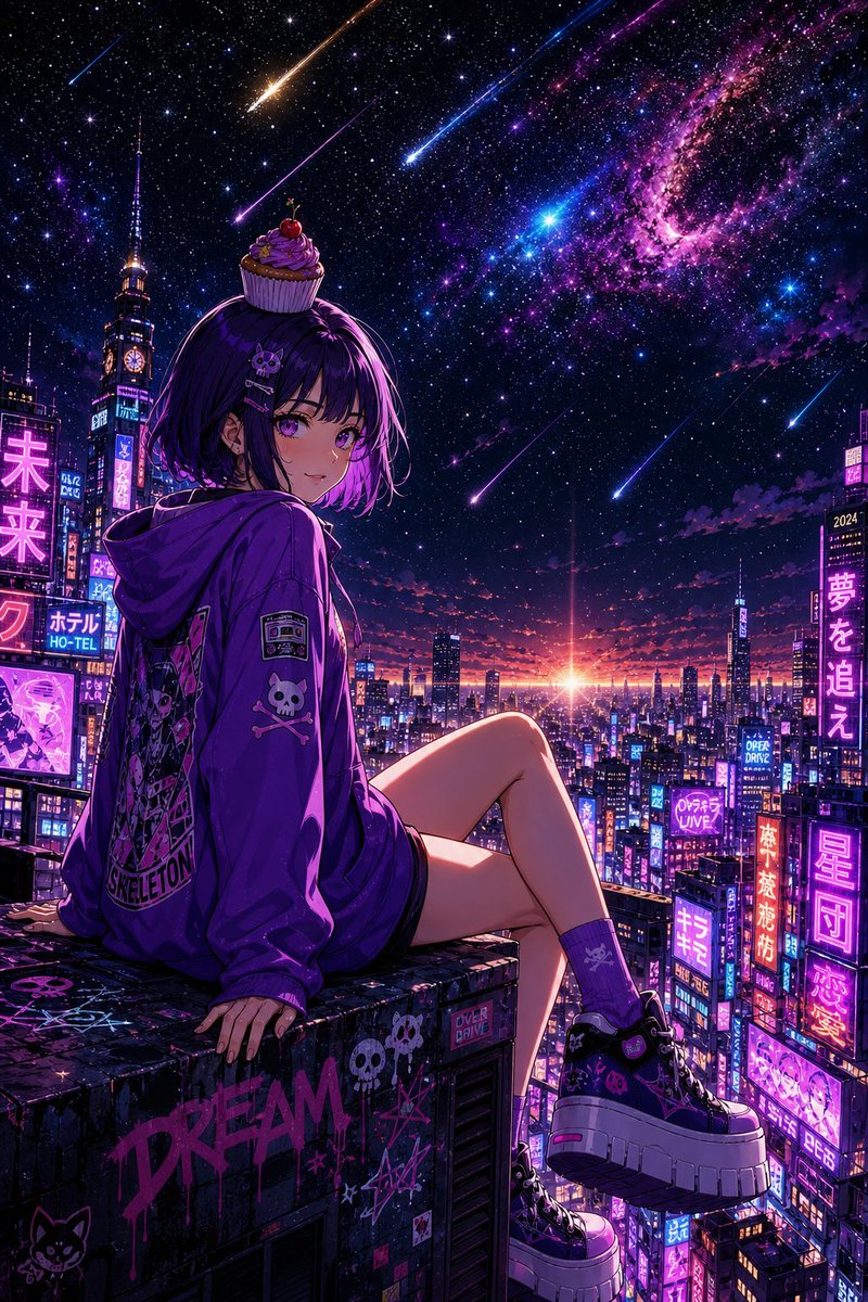 Cyberpunk Rooftop Dusk Anime Girl