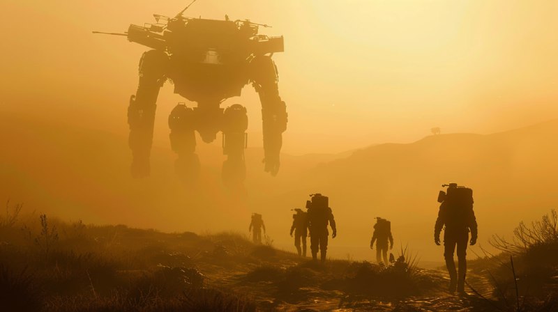 Explorers Walking S-Shape Toward Looming Giant Machines