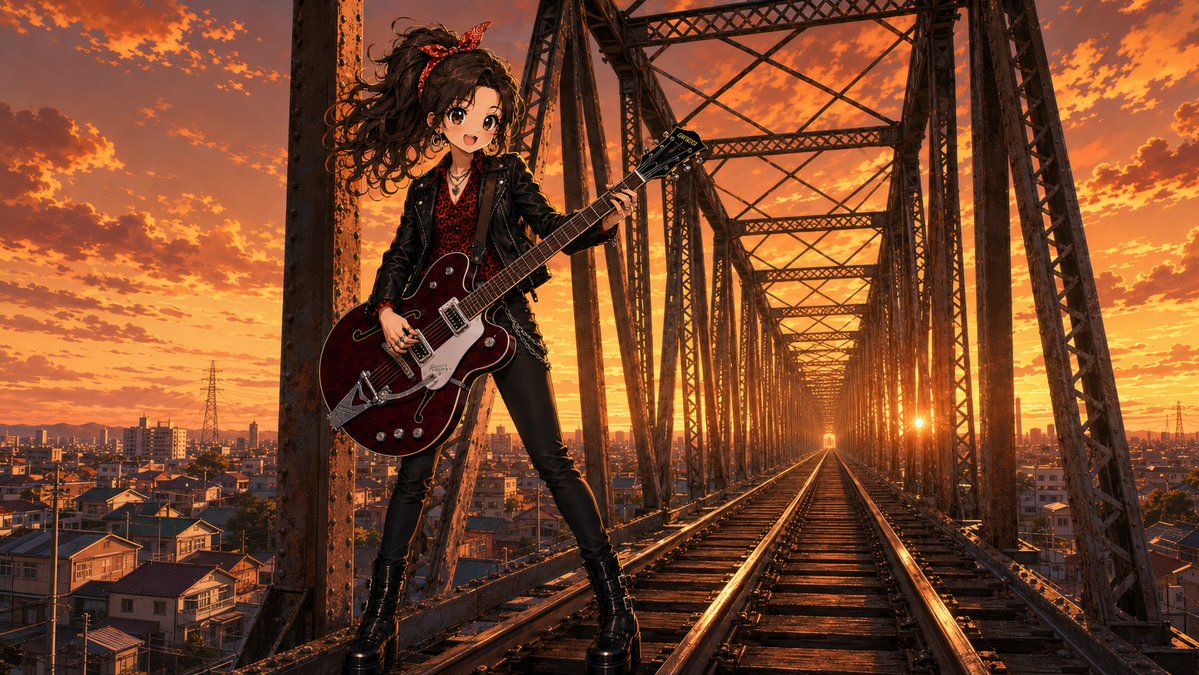 Sunset Guitarist on Rusty Bridge