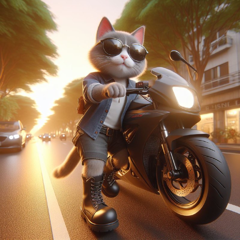 Cat in Sunglasses and Boots Riding Motorcycle at Sundown