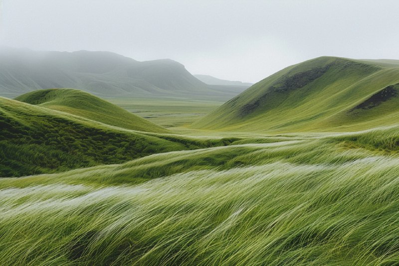 Minimalist Icelandic Meadows on Rolling Hills in Wind
