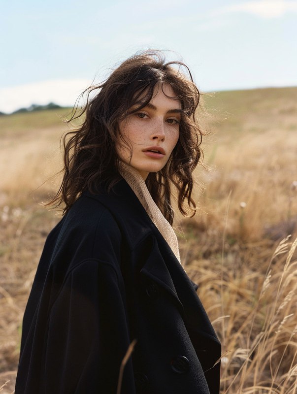 Androgynous Argentine Model in Sweeping Coats on Hills