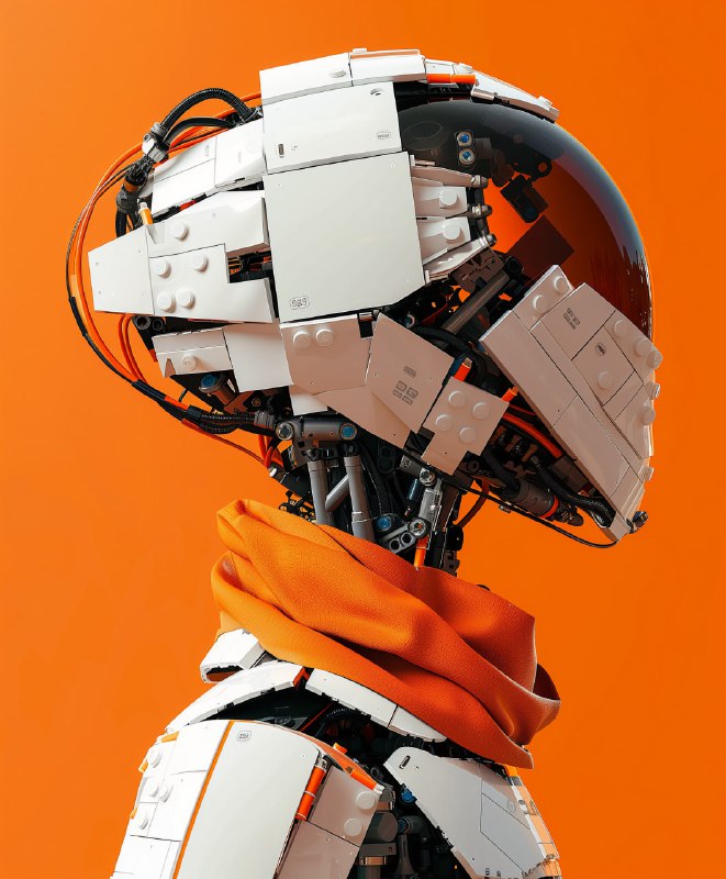 Orange Cyberpunk Robot With Lego Brick Head and Scarf