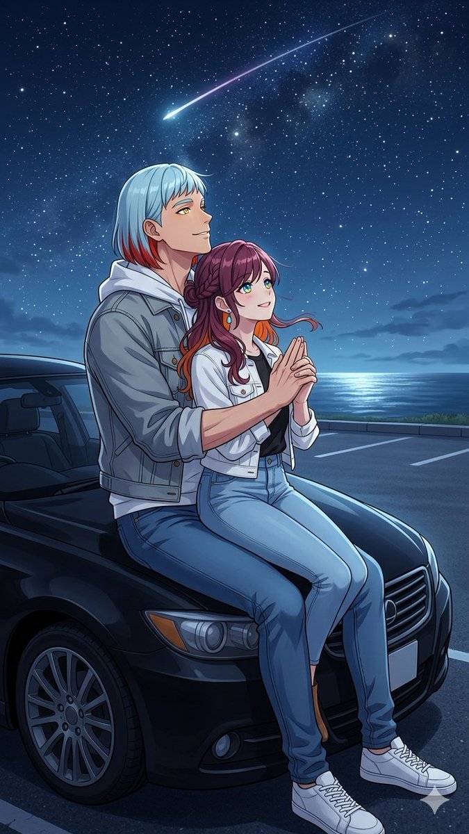 Romantic Anime Couple Starry Night Seaside