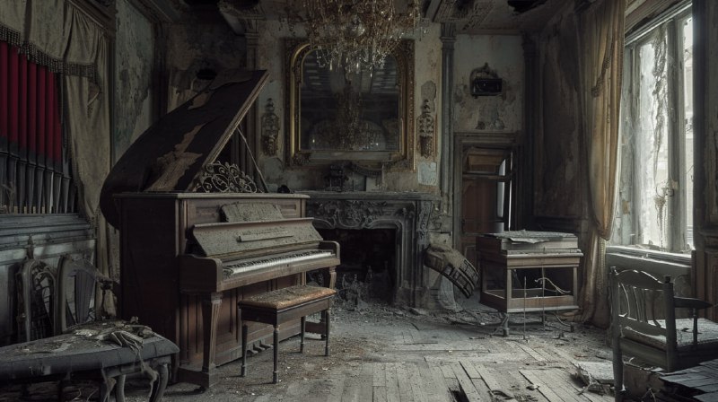 Dilapidated Room With Dusty Piano in Movie Style