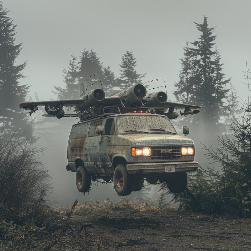 Winged GMC Camper Van With Jet Engines Flying in Rain
