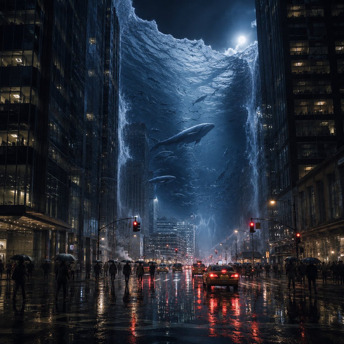 Surreal Whales in Rainy City Night