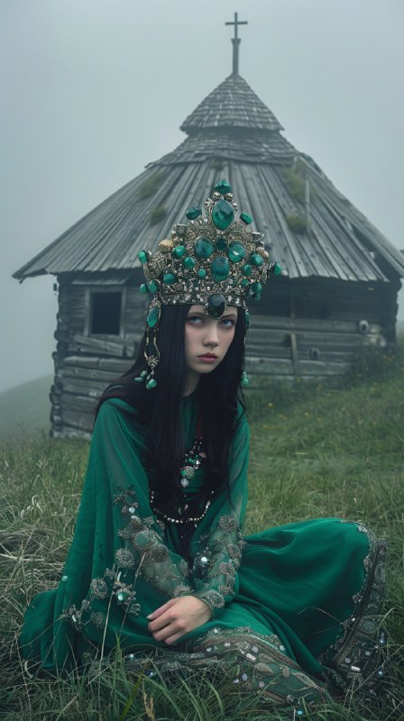 Regal Woman in Green at Foggy Ural Mountain Hut