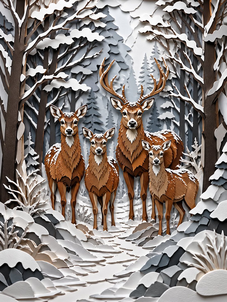 Papercut Deer Family Winter Forest