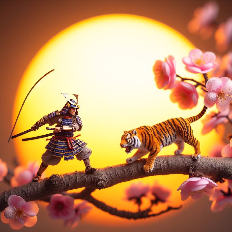 Miniature Samurai Chased by Tiger on Sakura Branch