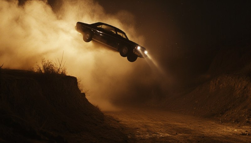 Car Driving Off Cliff Floating in Night Sky Cinematic