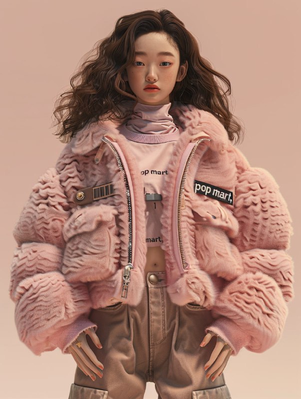 Hyperrealistic 3D Asian Woman in Pink Fuzzy Coat