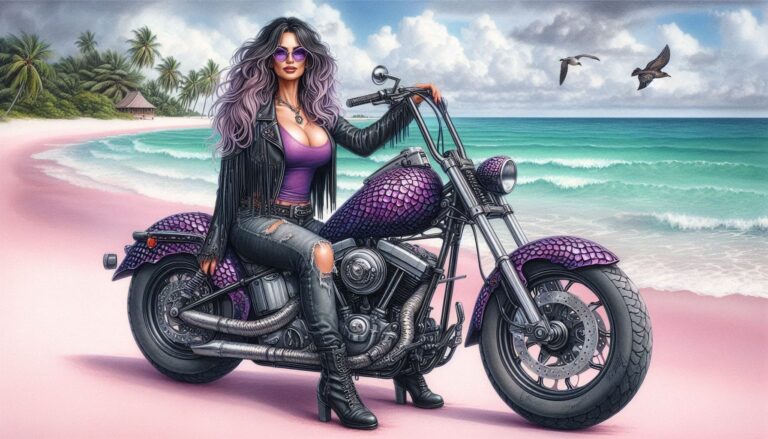 Mature Woman on Vintage Harley at Beach