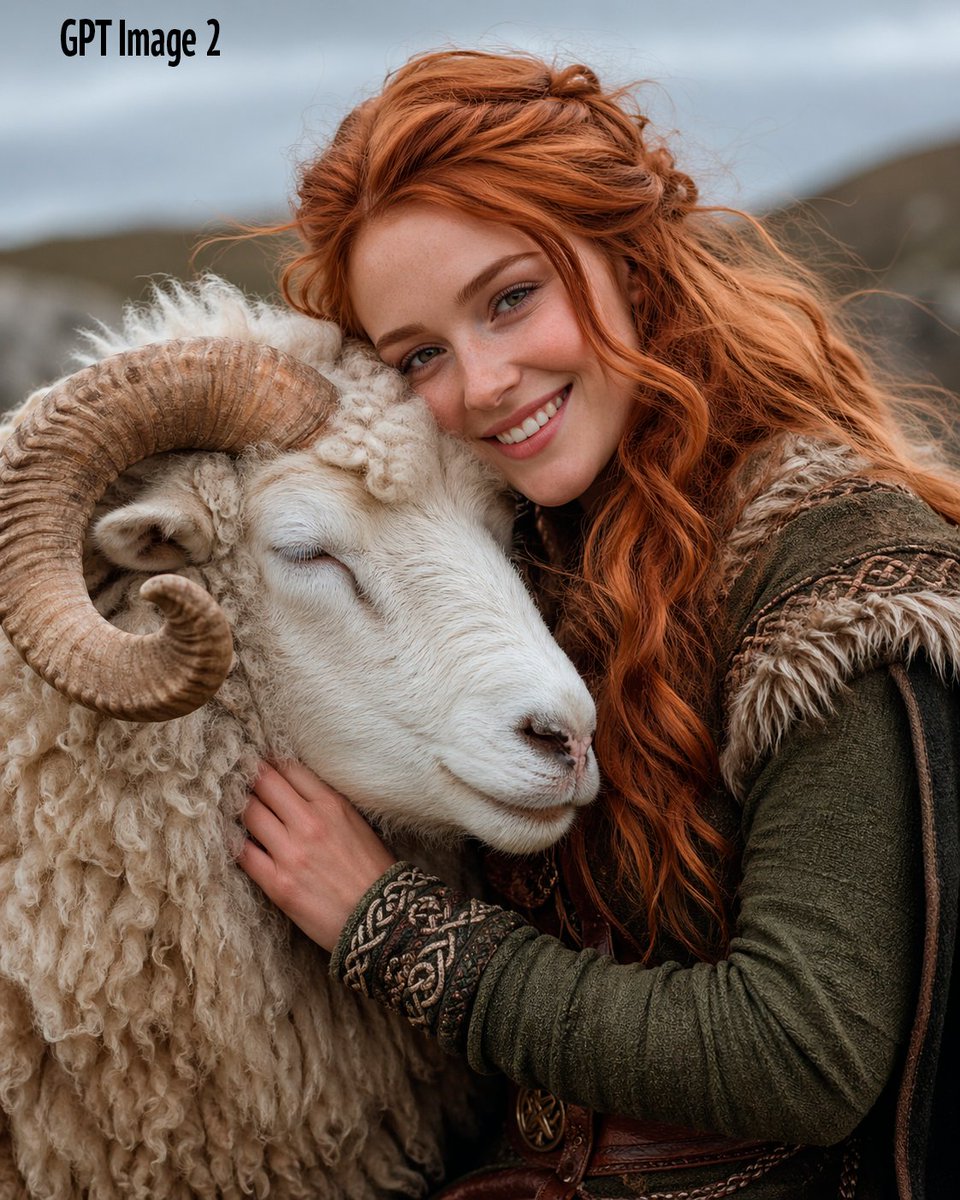 Fantasy Woman Embracing White Ram Portrait