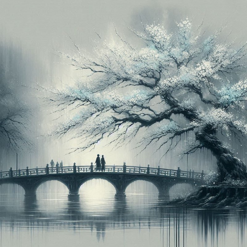 Couple Crossing Bridge Under Cherry Blossom Painting
