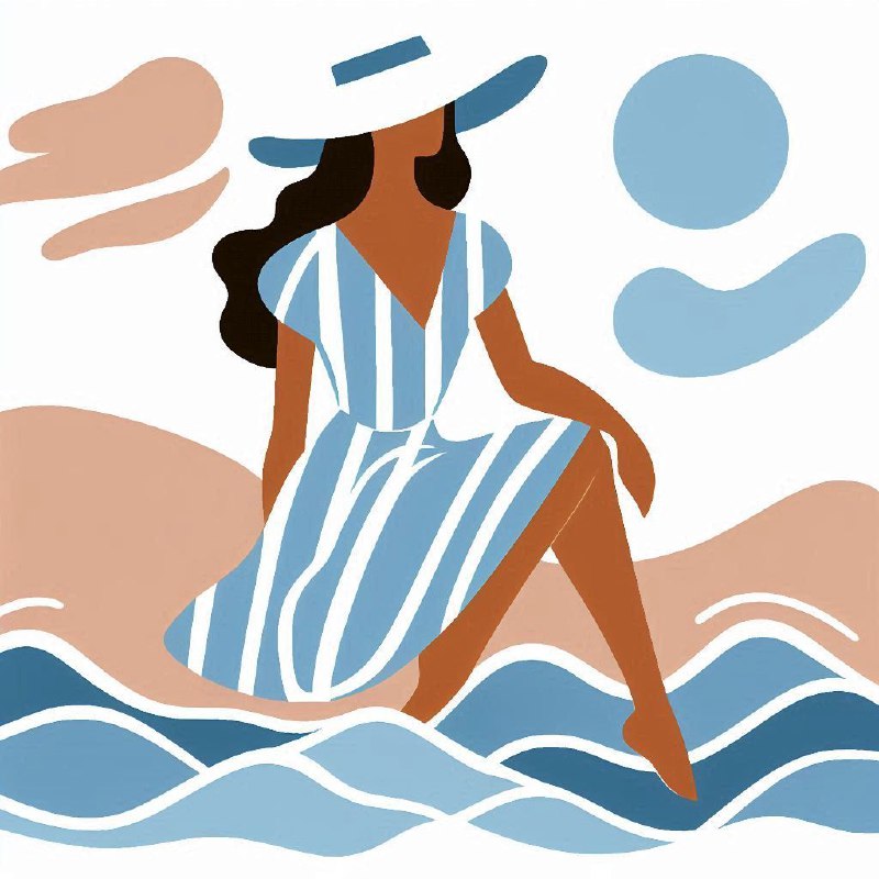 Matisse Style Woman in Striped Dress Sitting on Waves