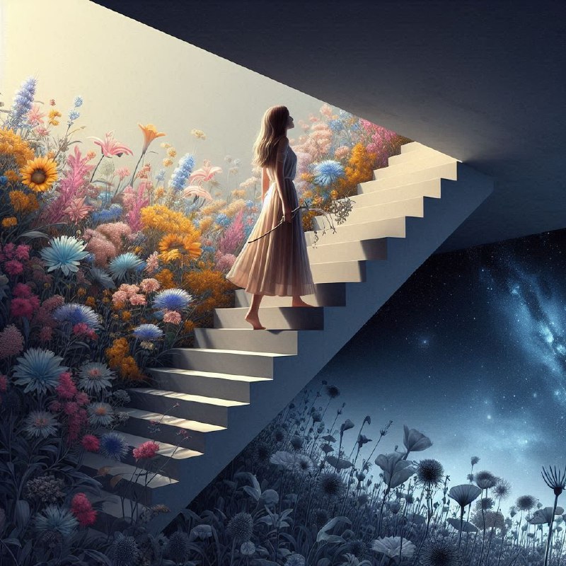 Surreal Girl on Staircase Amid Blooming Wildflowers
