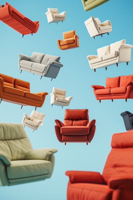 Modern Sofas and Armchairs Flying Into the Sky