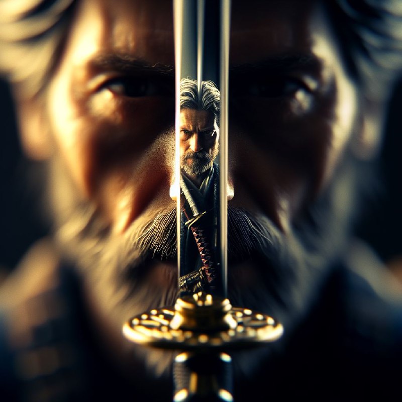 Samurai Face Reflected in Katana Point Cinematic Shot