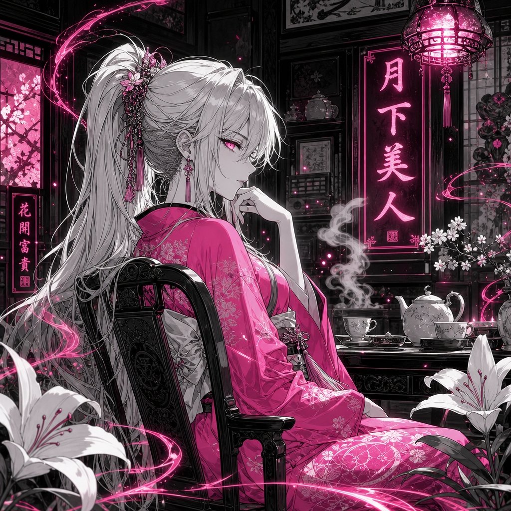 Moonlit Anime Beauty in Teahouse