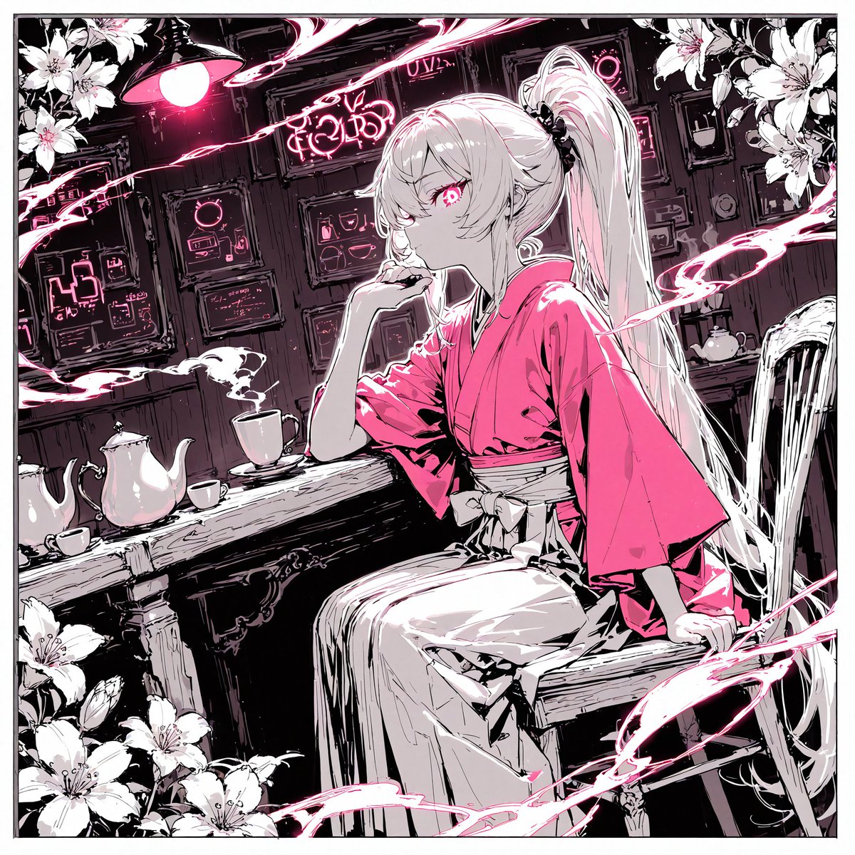 Cyberpunk Tea Room Pink-Eyed Girl