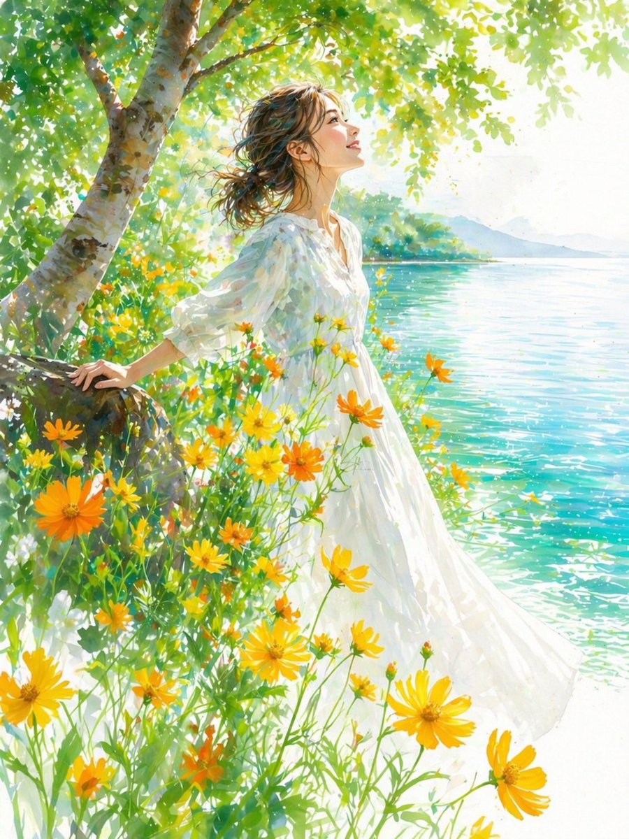 Summer Lakeside Watercolor Girl