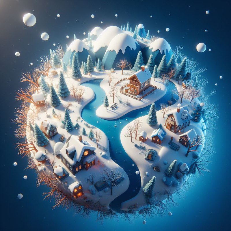 Miniature 3D Winter Planet With Snowy Roofs and River
