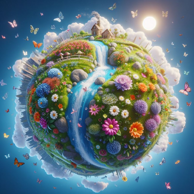 Miniature 3D Spring Planet With Flowers and Waterfall