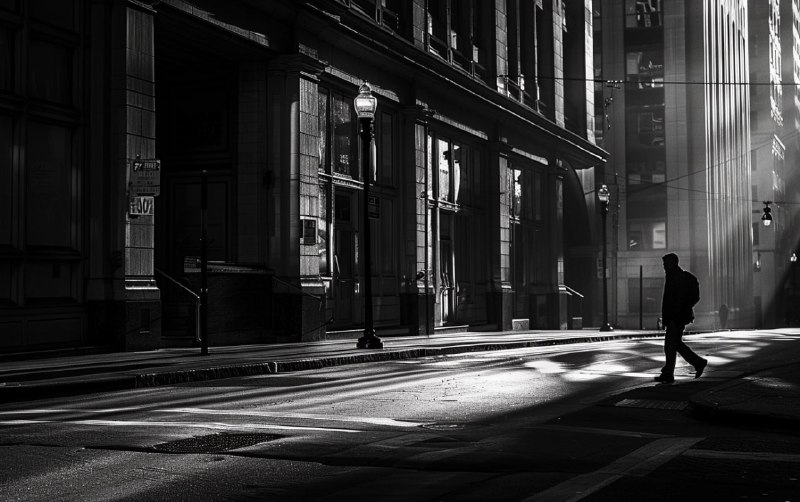 Solitary Pedestrian on Shadowed Black and White Streets