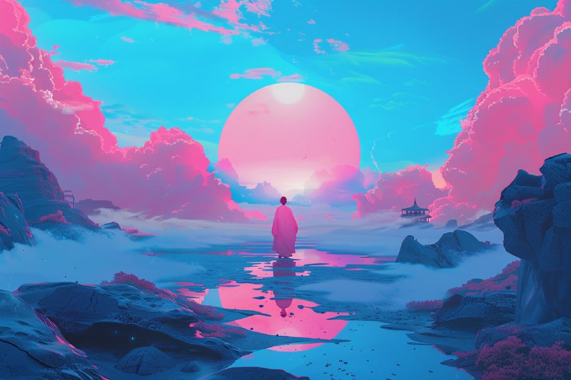 Zen Macaron Pink Sunset With Distant Monk Illustration