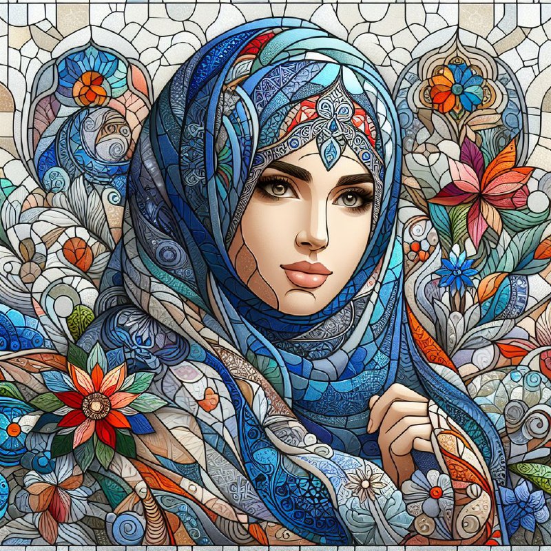 Stained Glass Portrait of Woman in Intricate Hijab