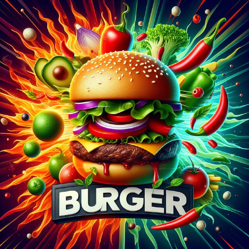 3D Burger Logo With Flying Vegetables and Fire Burst