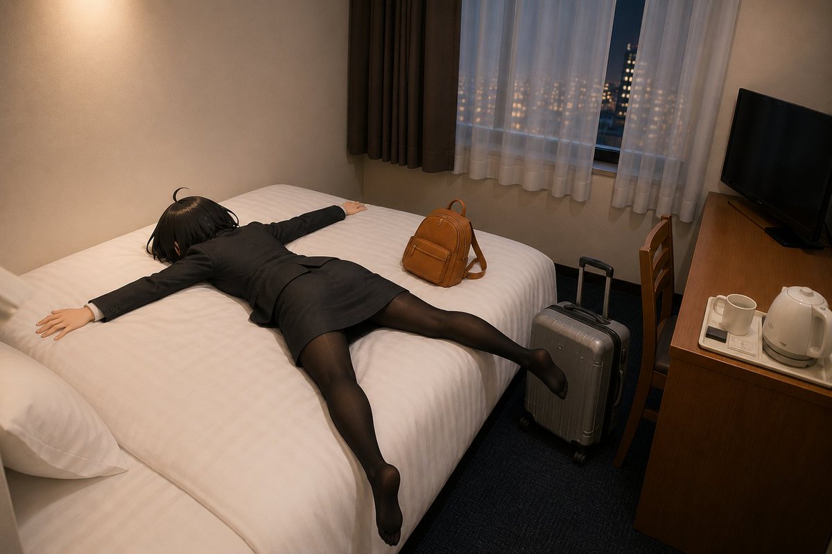 Tired Office Woman Collapses on Hotel Bed