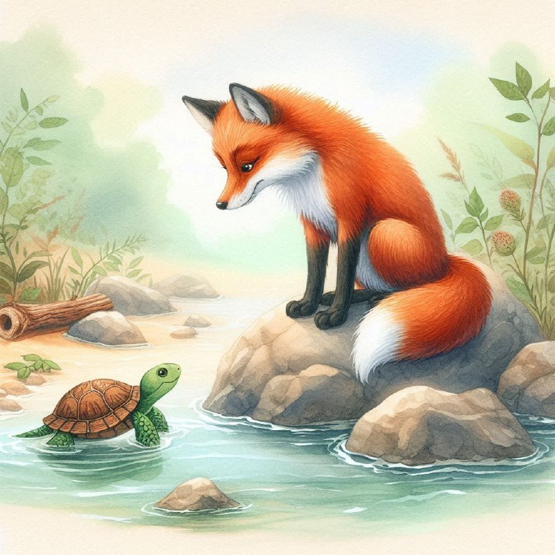 Fox Watching Swimming Turtle Watercolor Illustration