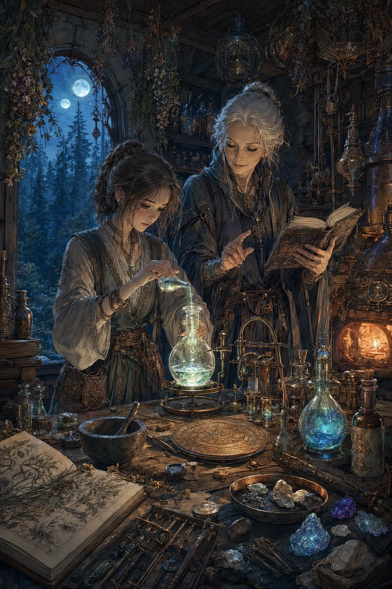 Dark Fantasy Alchemist Workshop at Night