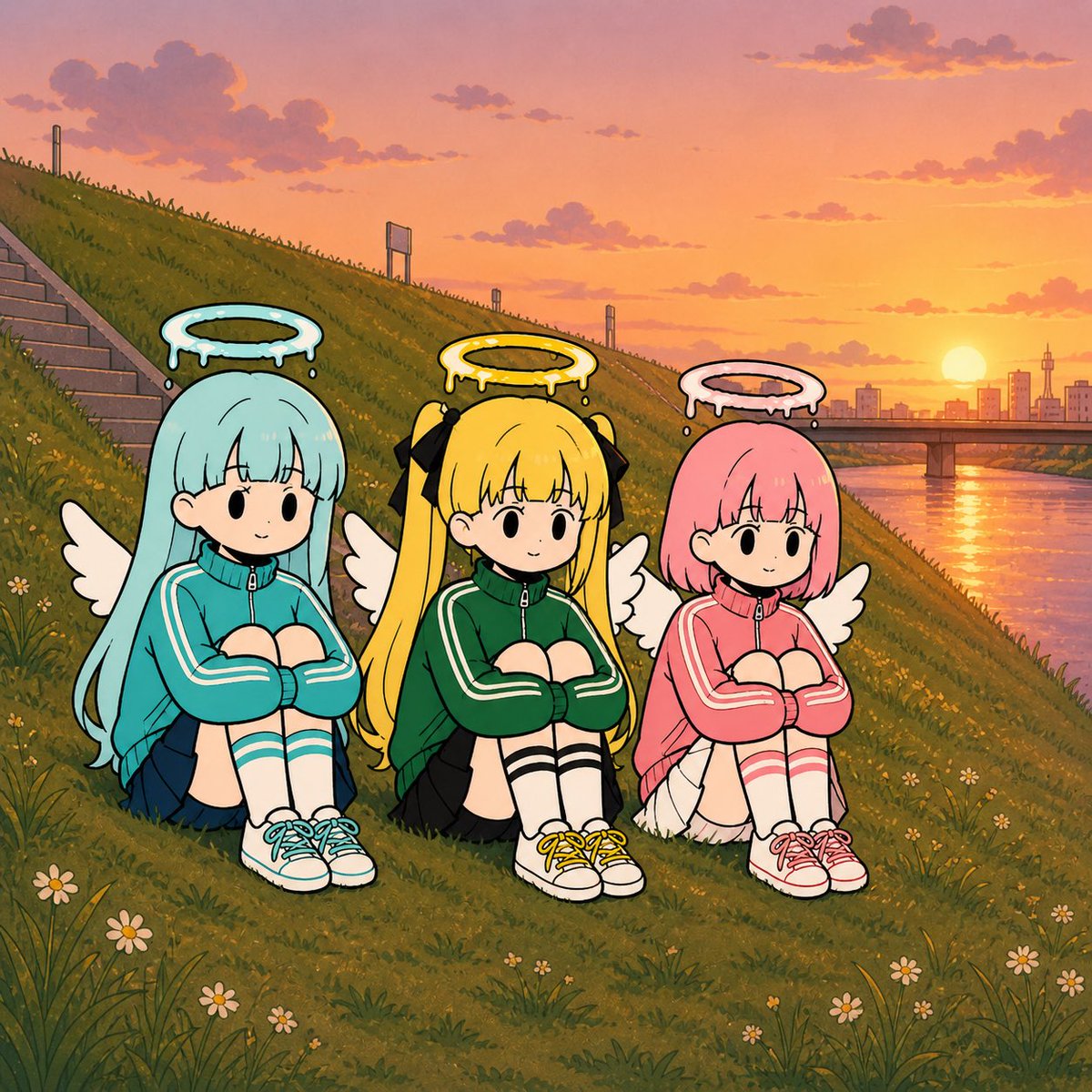 Chibi Angel Girls at Sunset Riverside