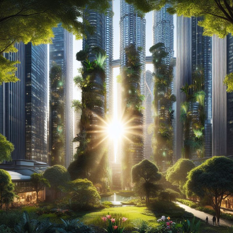 Futuristic City Integrated With Towering Trees and Garden