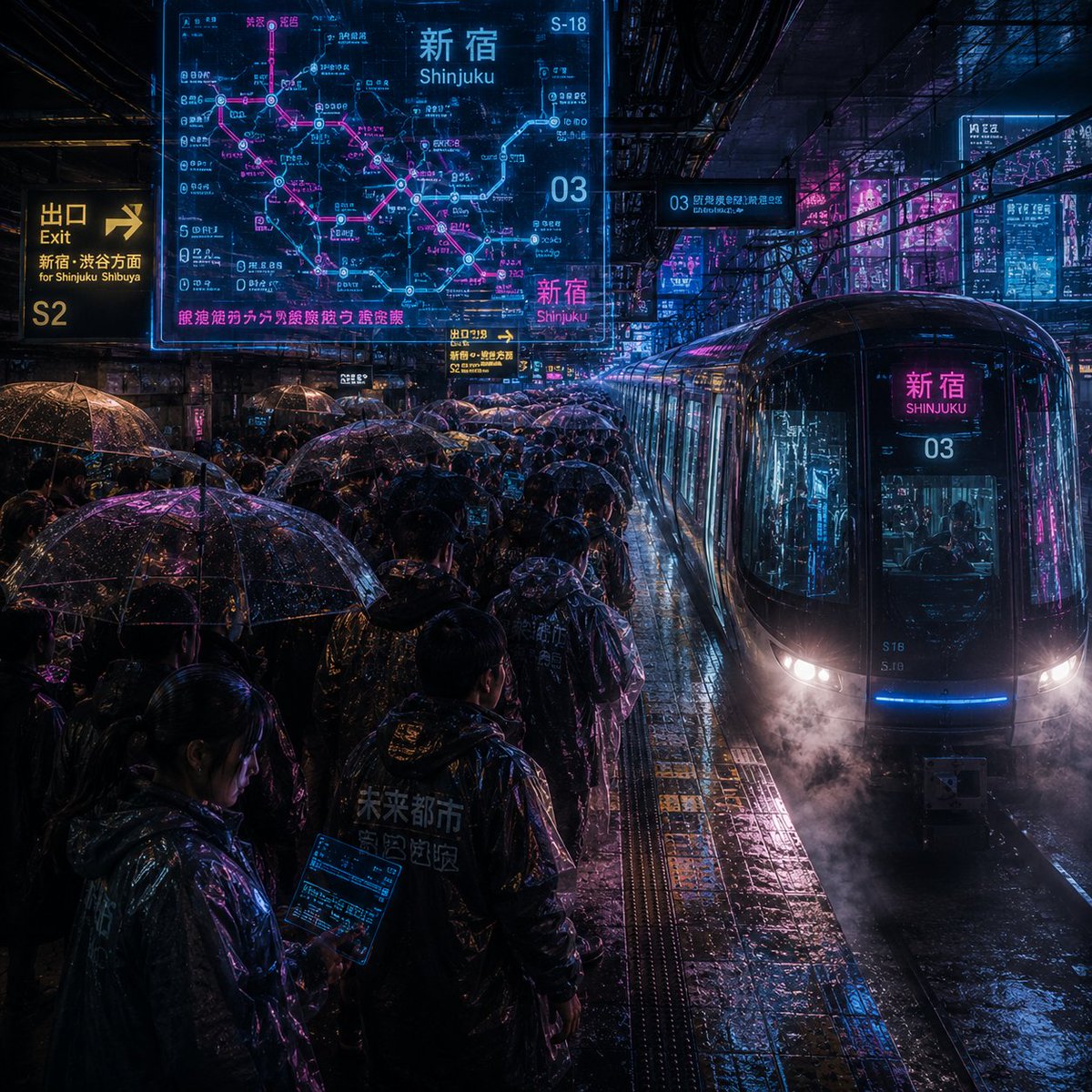 Cyberpunk Rainy Night Train Platform