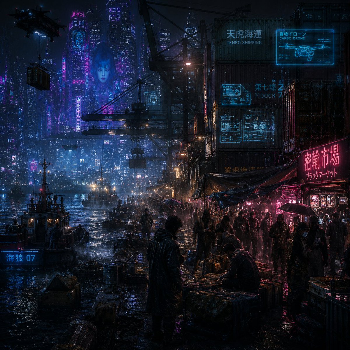 Cyberpunk Noir Waterfront Market