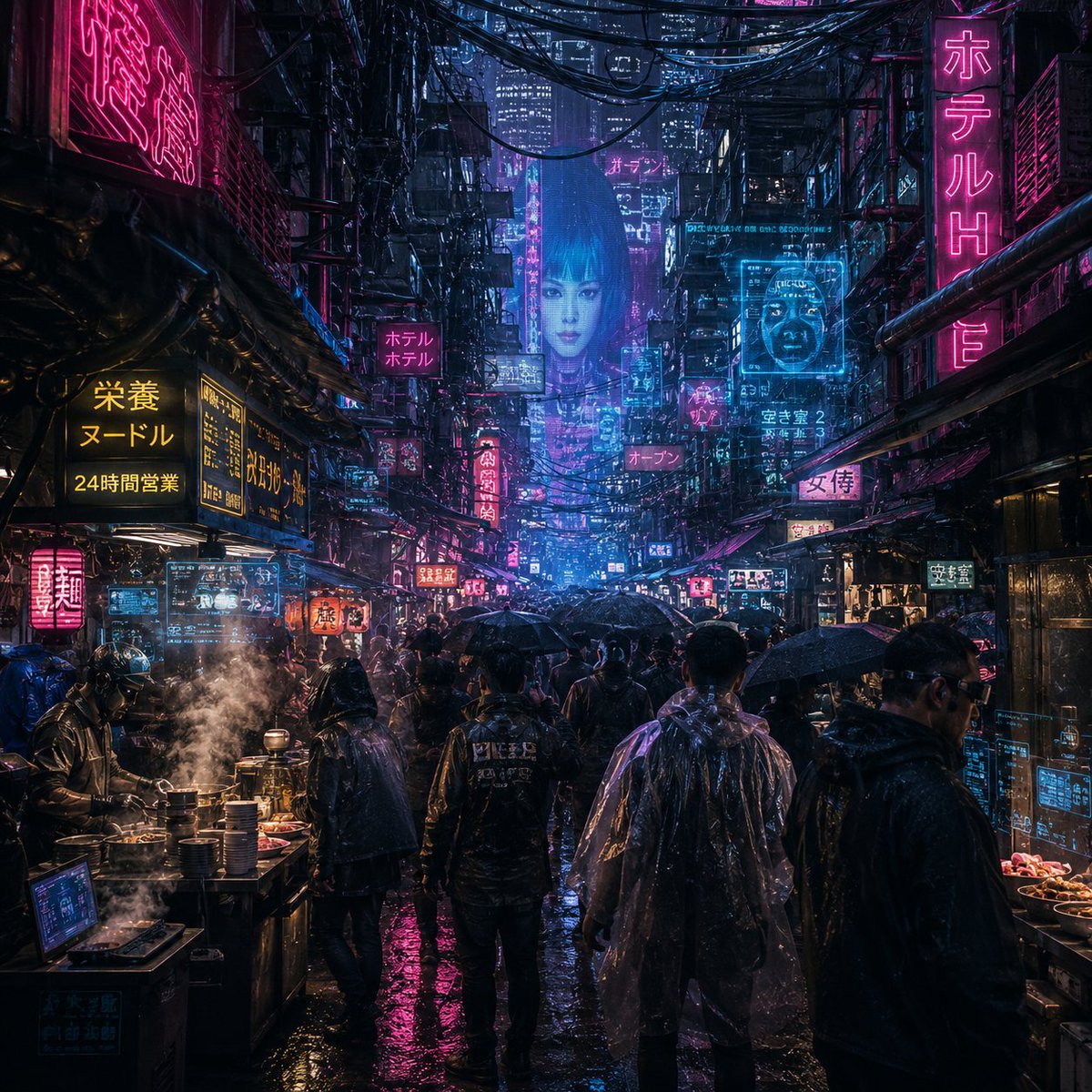 Cyberpunk Rainy Night Market Alley