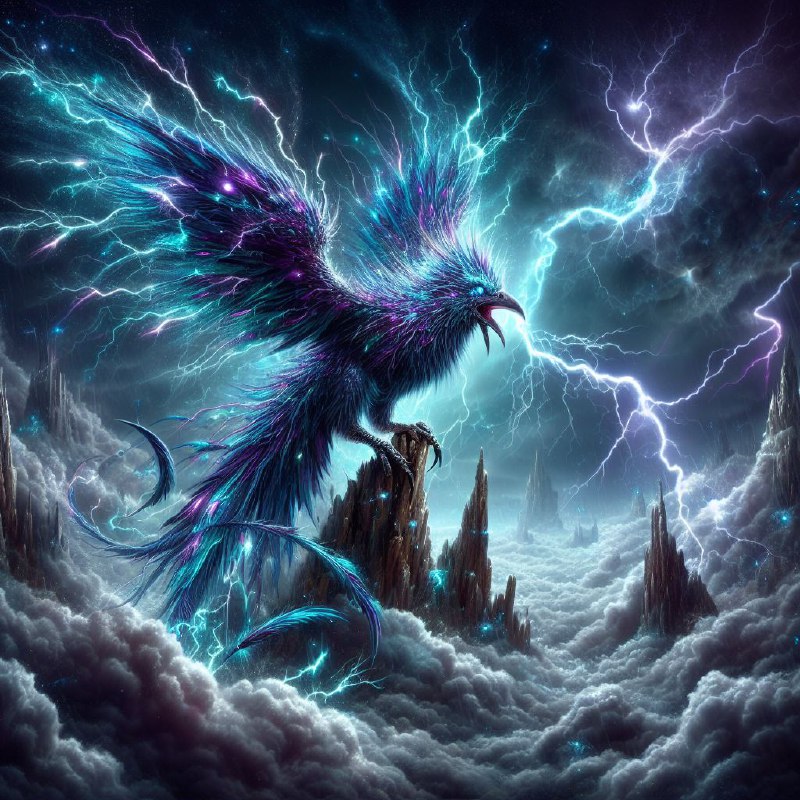 Storm-Born Bird With Iridescent Electric Blue Feathers
